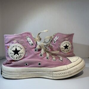 CONVERSE All-Stars High-Top Purple Embroidered Flower Gym Shoes Women's Size 5